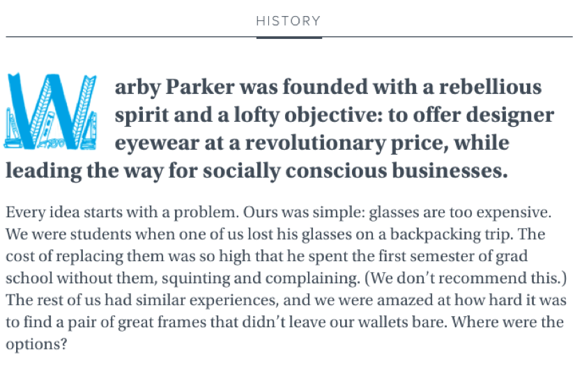 Warby Parker 'about us' story'