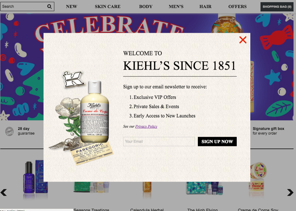 Kiehls email sign-up overlay