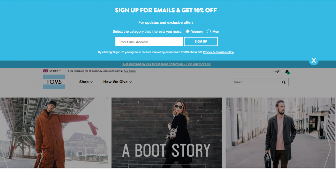 Toms email sign-up banner 