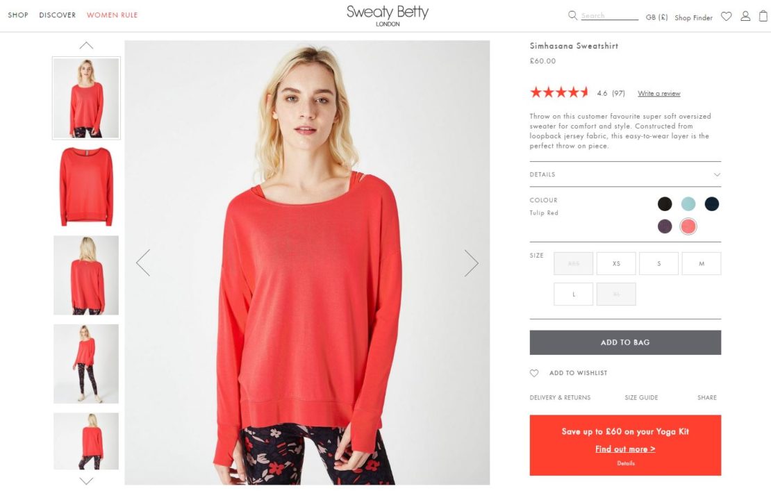 Sweaty Betty: product page design