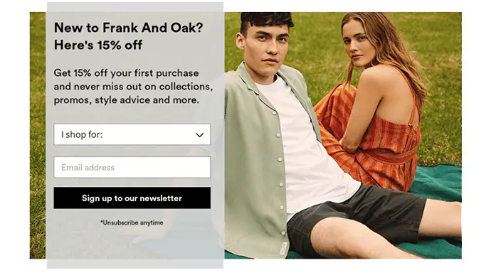 Screenshot of Frank and Oak's email capture campaign