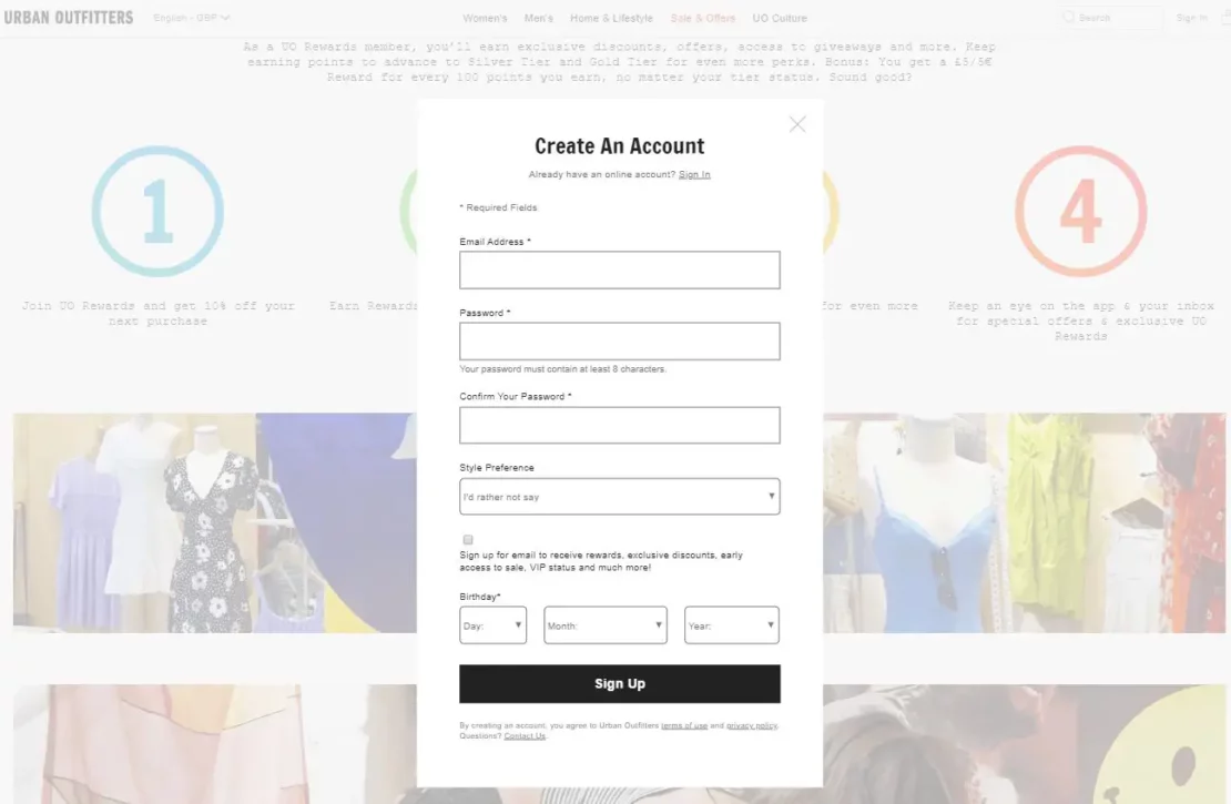 Urban Outfitters' five-field lead capture form
