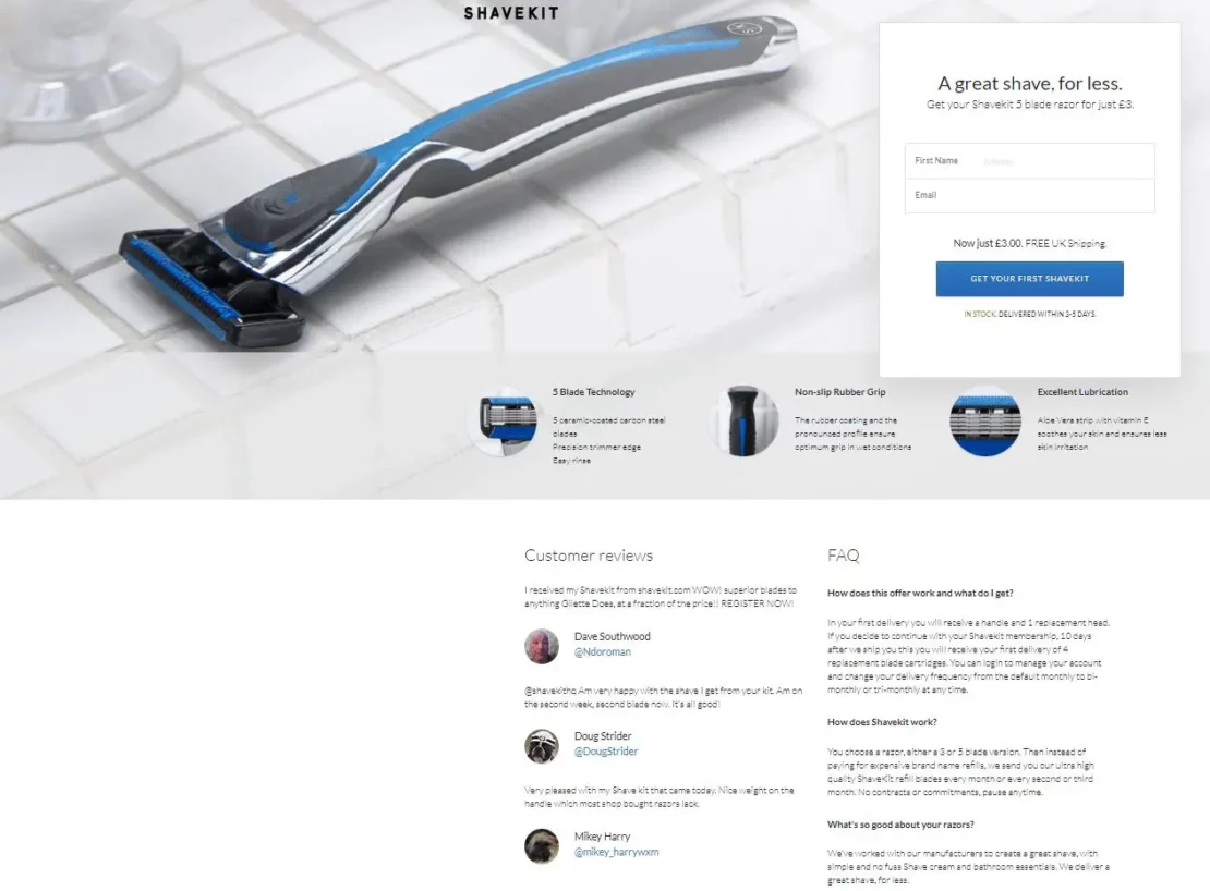 Shavekit's lead capture page features customer reviews