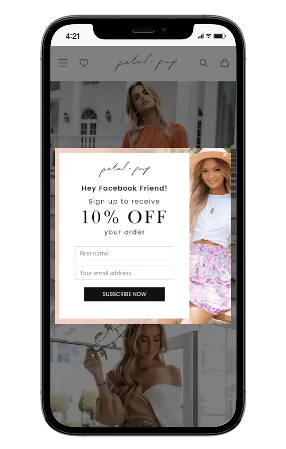 Email opt-in form displayed on Petal & Pup's website 