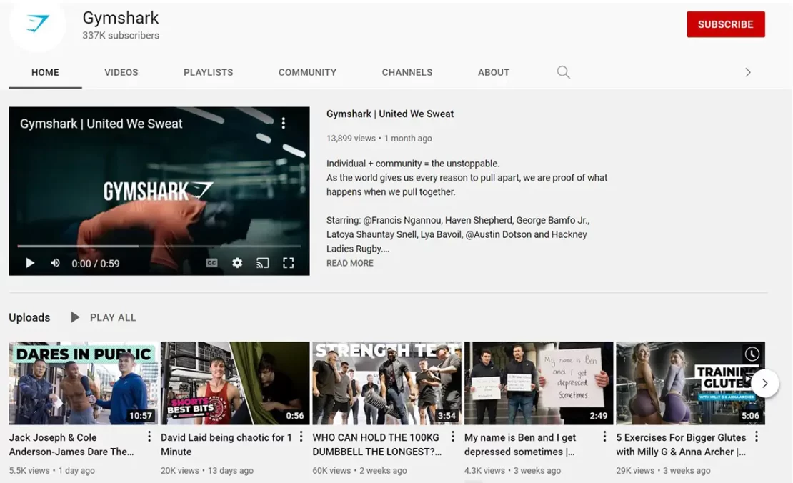 Gymshark's YouTube channel