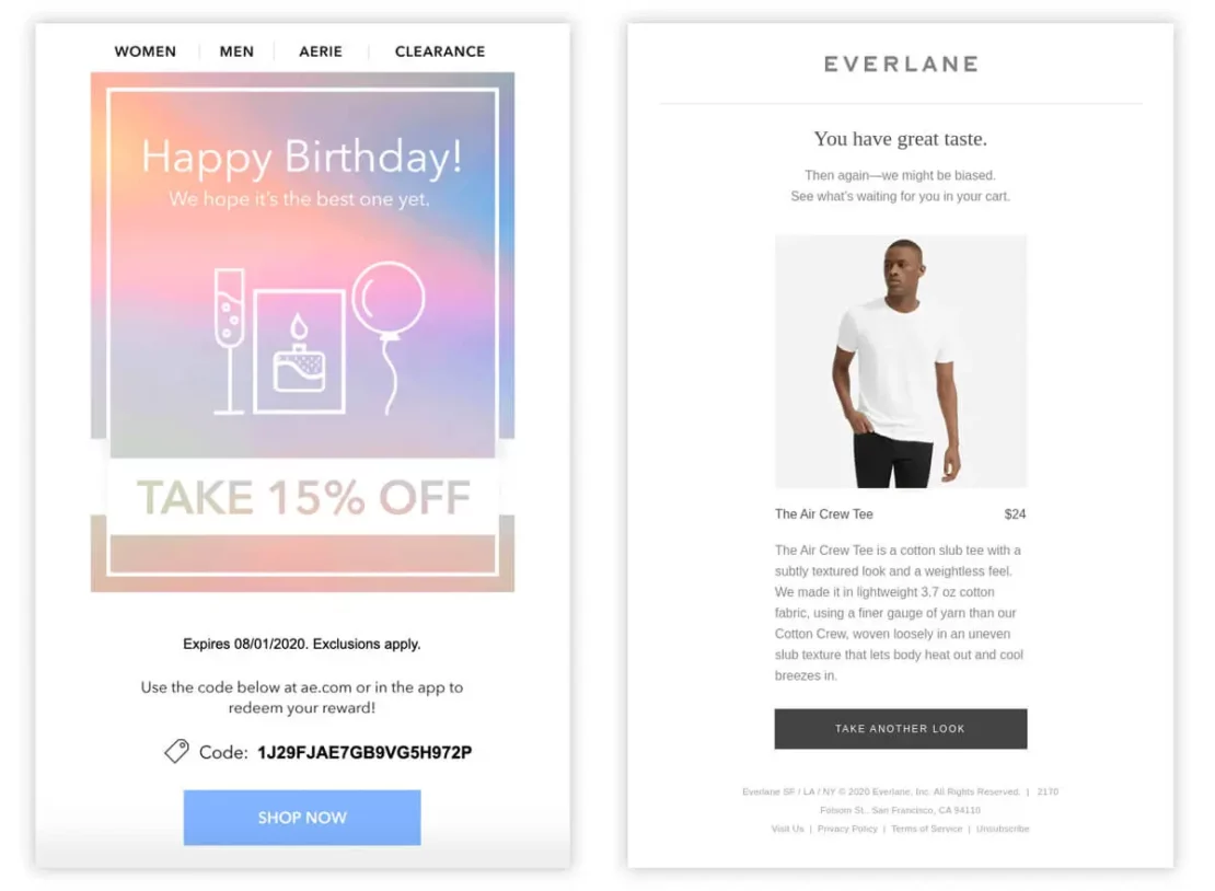 Marketing emails from American Eagle and Everlane