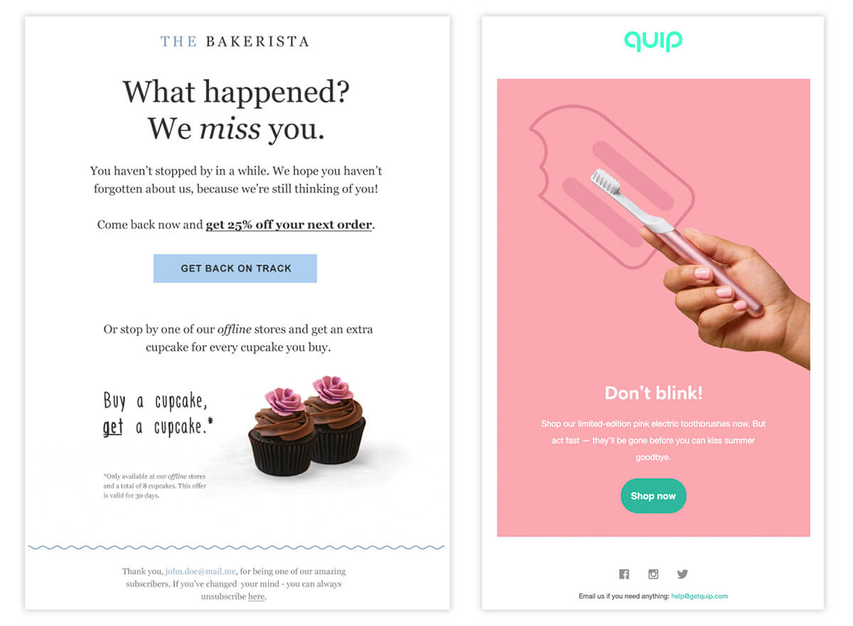 Ecommerce email marketing examples - The Bakerista and Quip