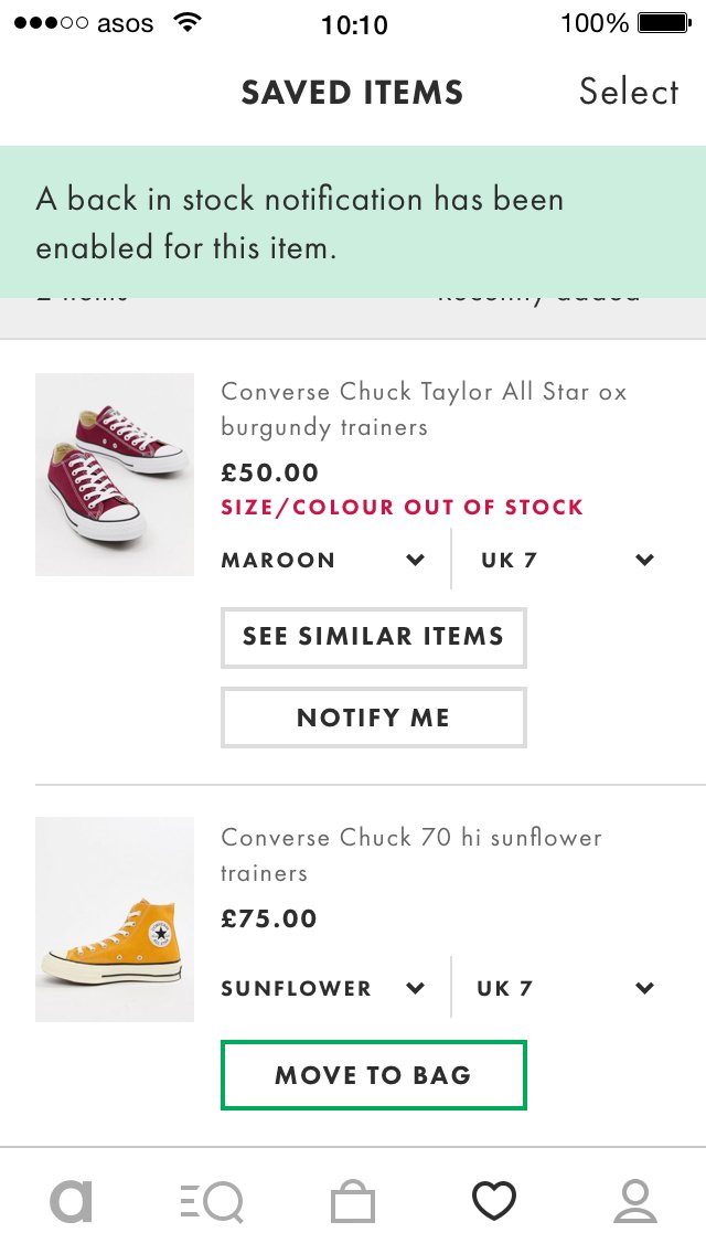 Back in stock notification example - ASOS