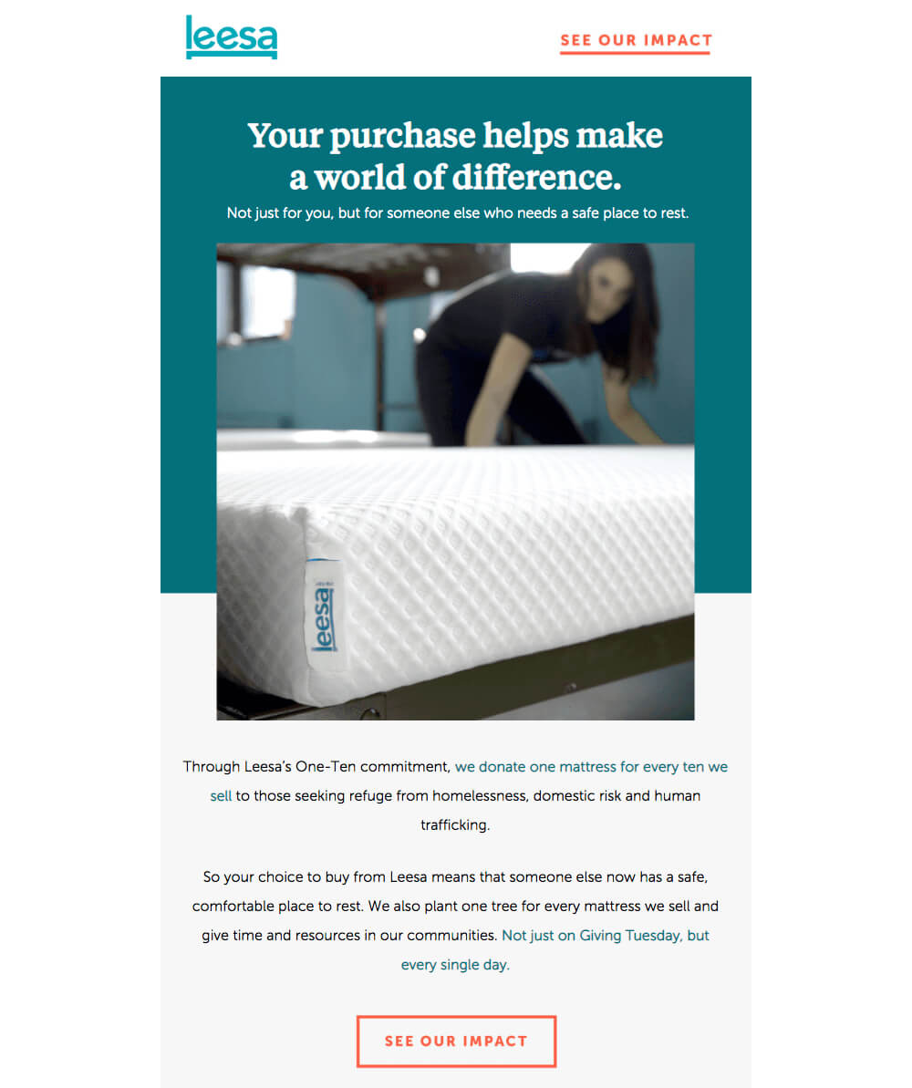 Giving Tuesday campaign example - Leesa mattresses