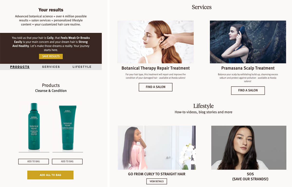 Content personalization example - Aveda