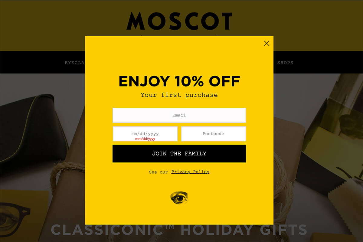Email sign up form example - Moscot