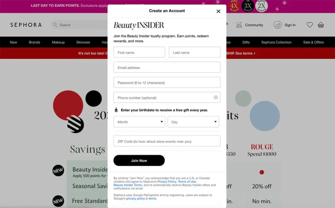 Email signup form Beauty Insider Sephora