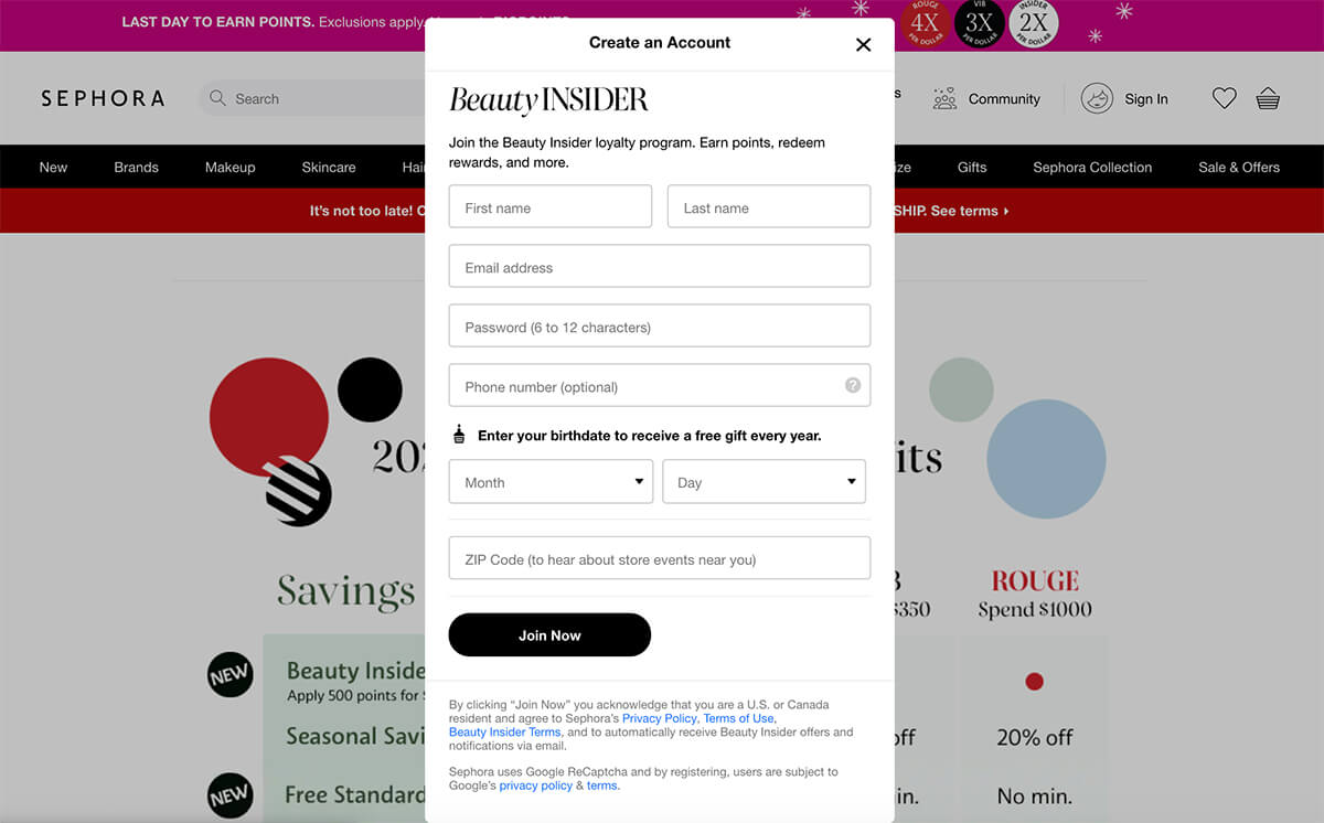 Email sign up form example - Sephora