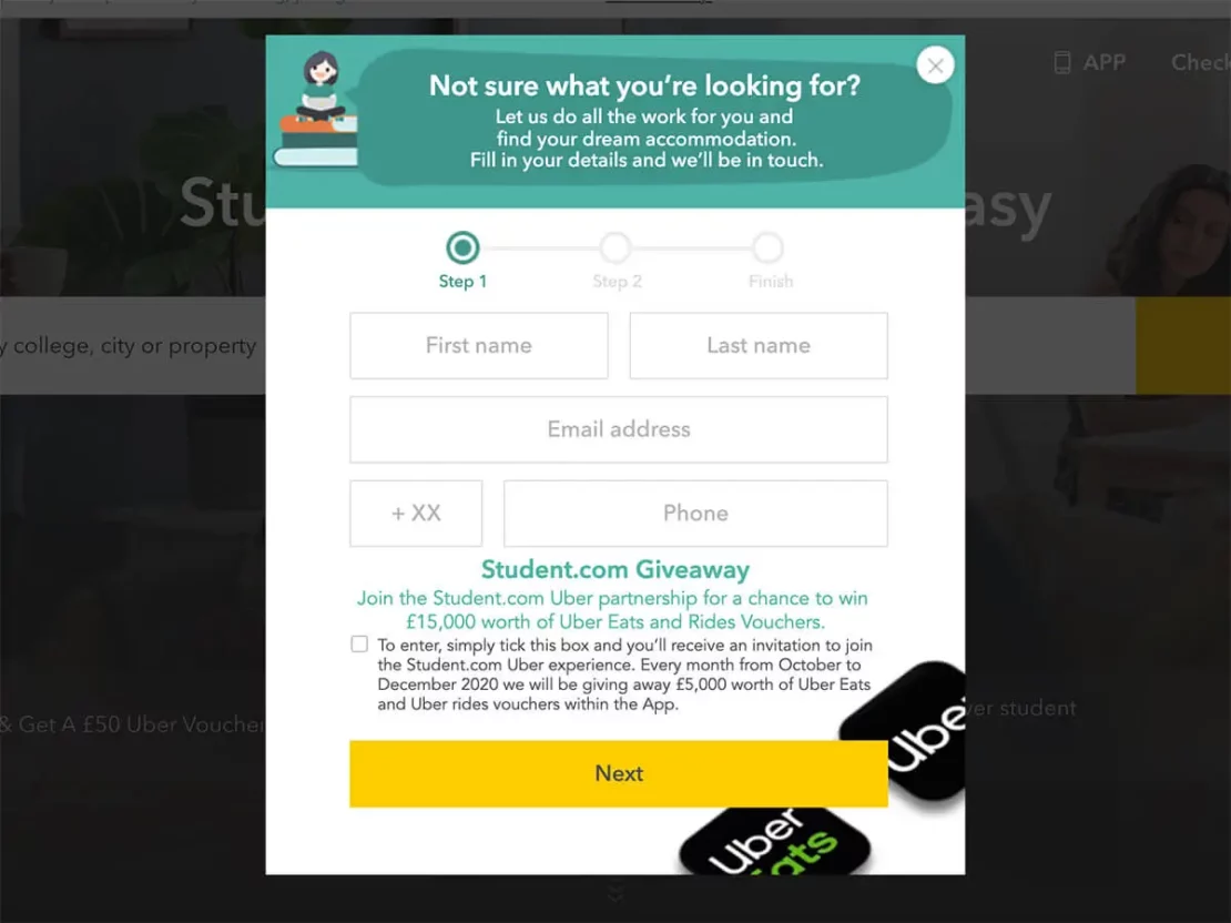 Student.com email signup form