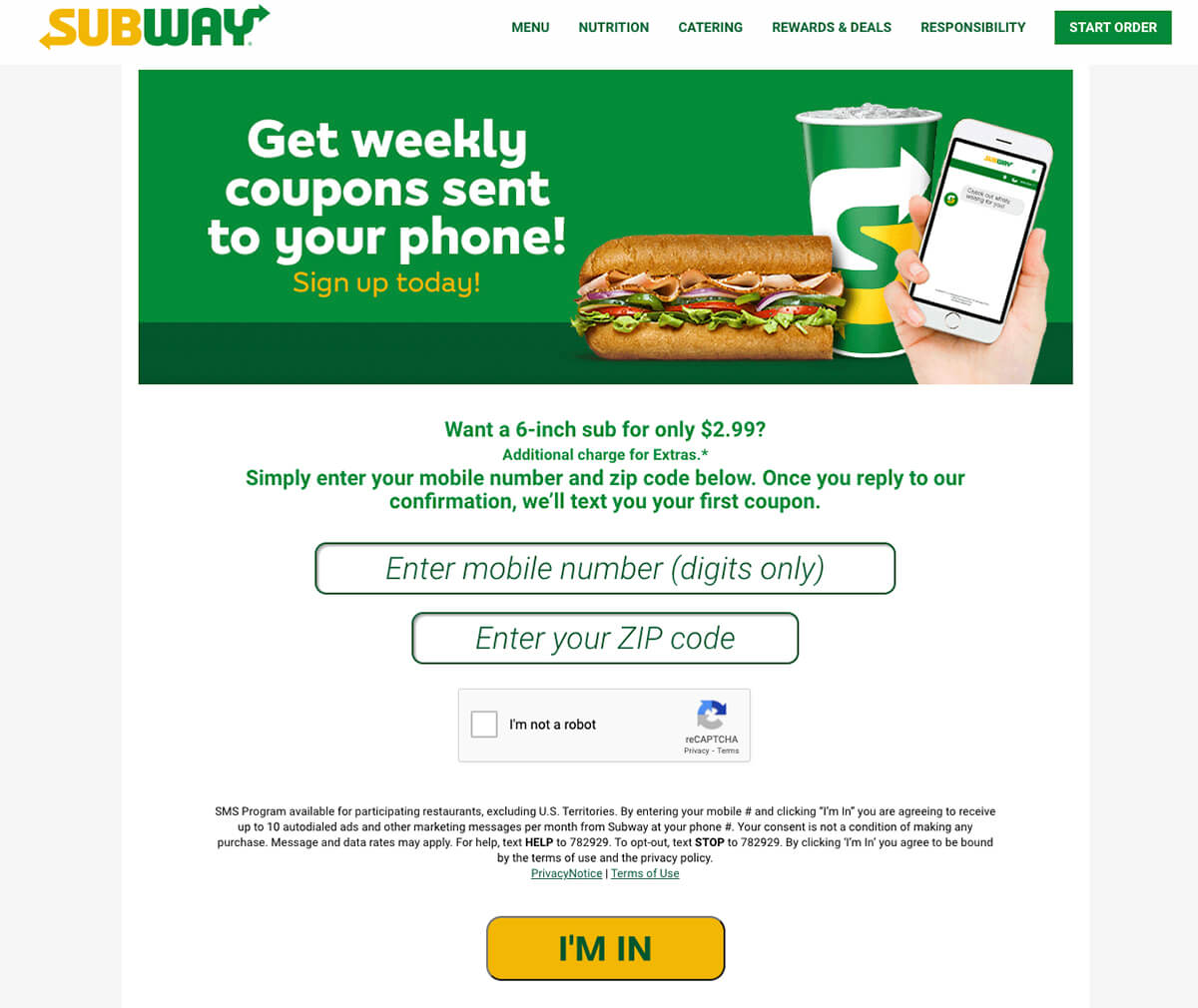 Squeeze page example - Subway SMS opt-in