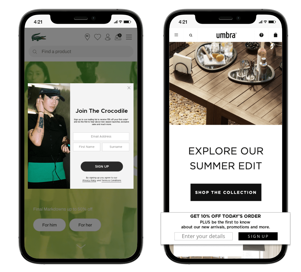 Email optin forms for Lacoste and Umbra