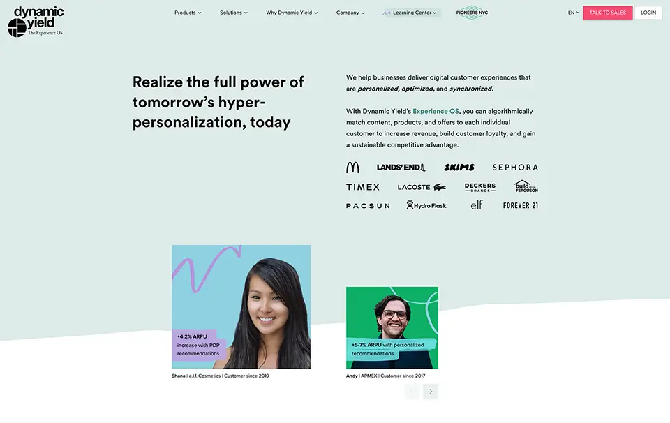 Screenshot of Dynamic Yield's homepage