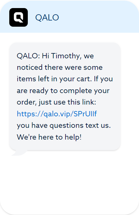 Cart abandonment text from Qalo