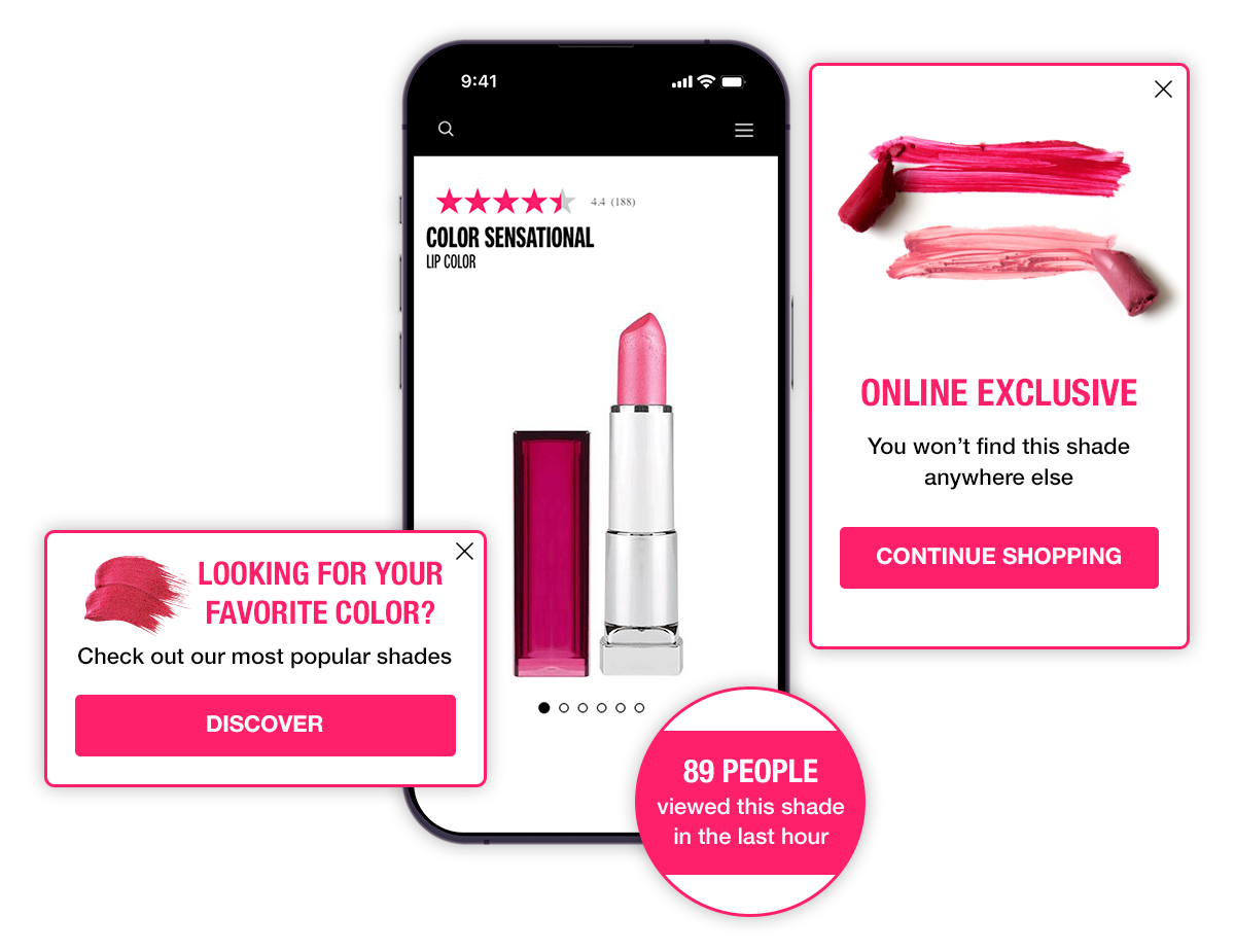 Red lipstick PDP - device with notification, social proof and overlay